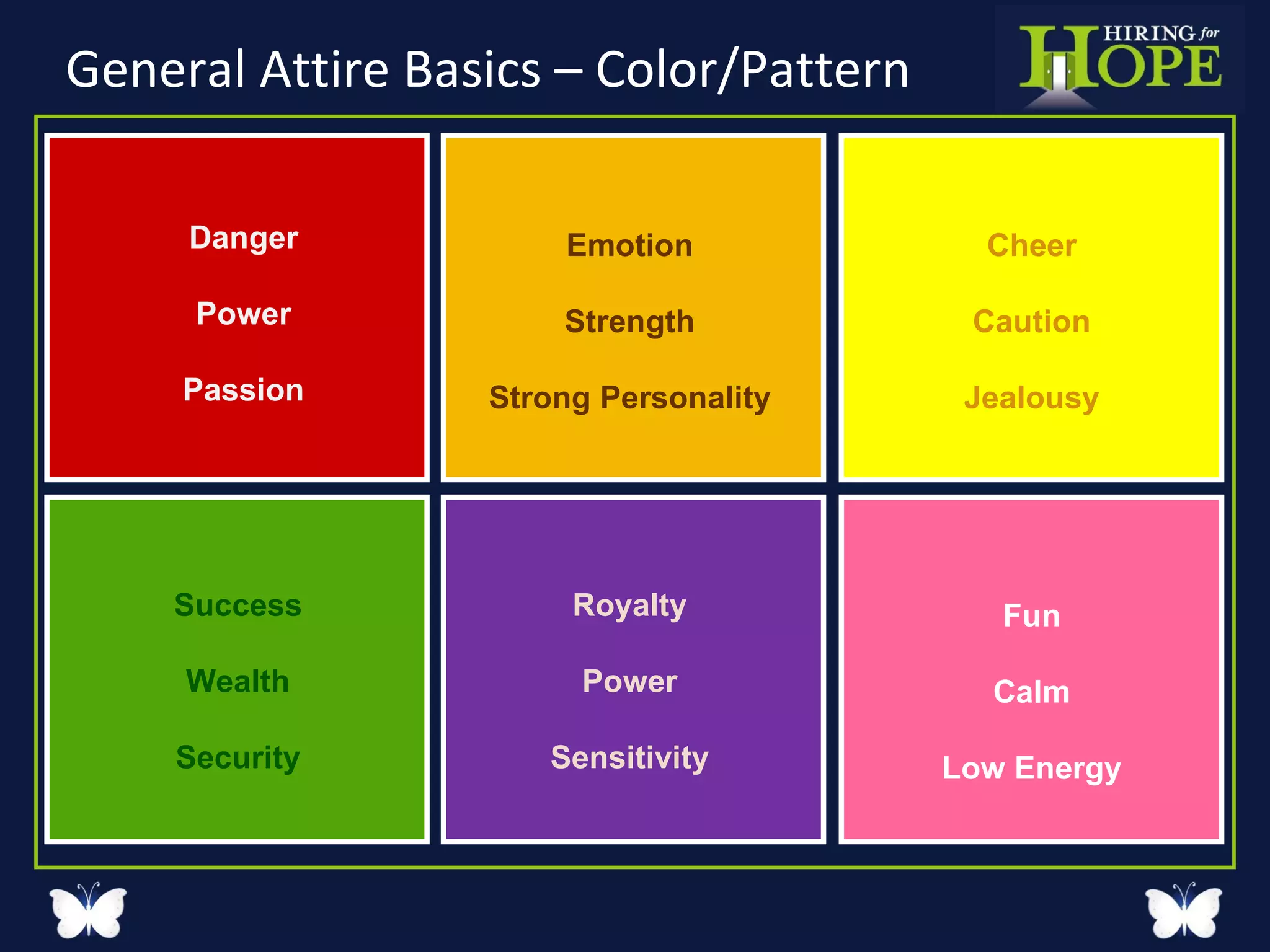 General Attire Basics – Color/Pattern Danger Power Passion Emotion Strength Strong Personality Cheer Caution Jealousy Success Wealth Security Royalty Power Sensitivity Fun Calm Low Energy 
