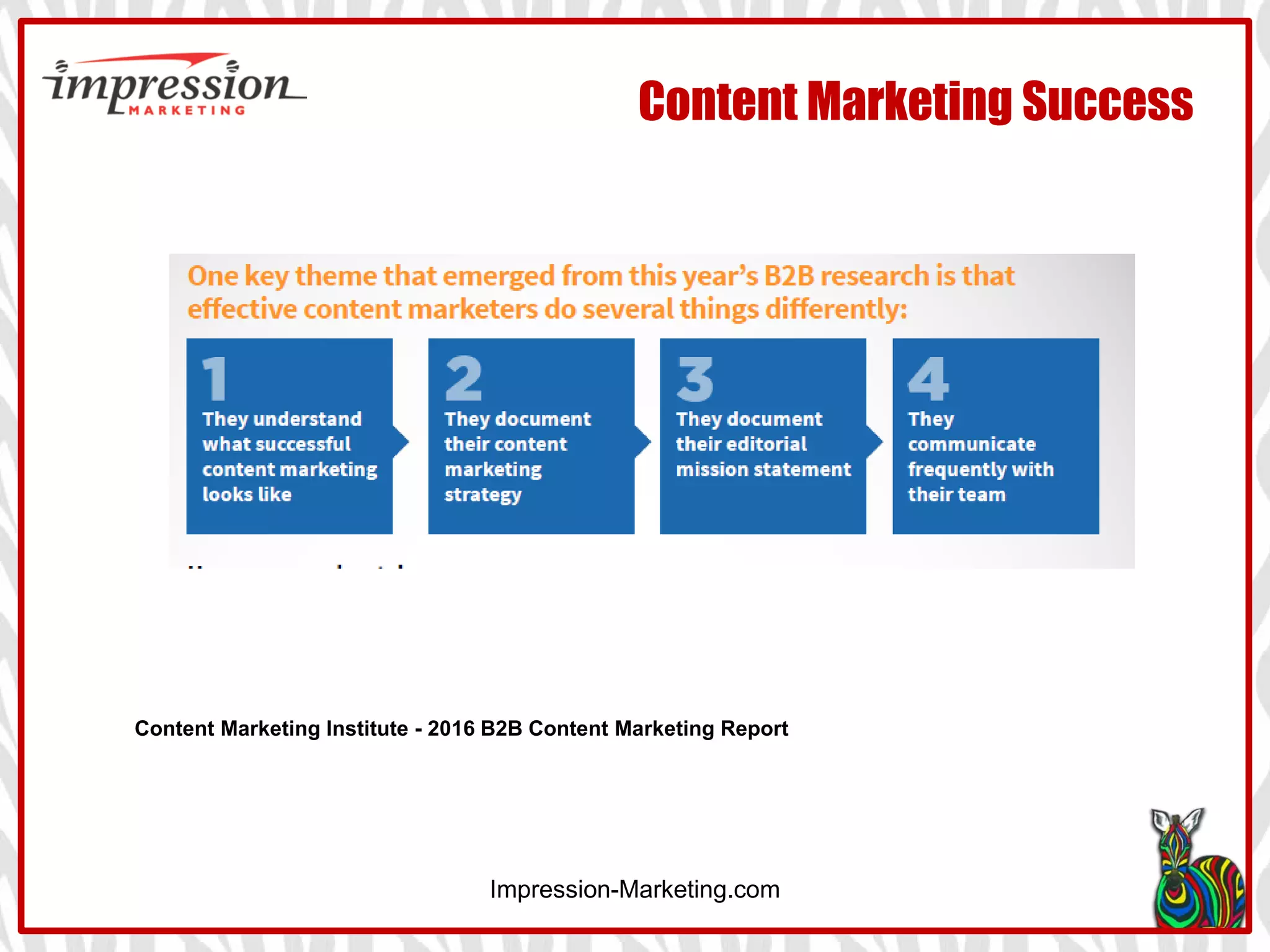 Impression-Marketing.com
Content Marketing Success
Content Marketing Institute - 2016 B2B Content Marketing Report
 