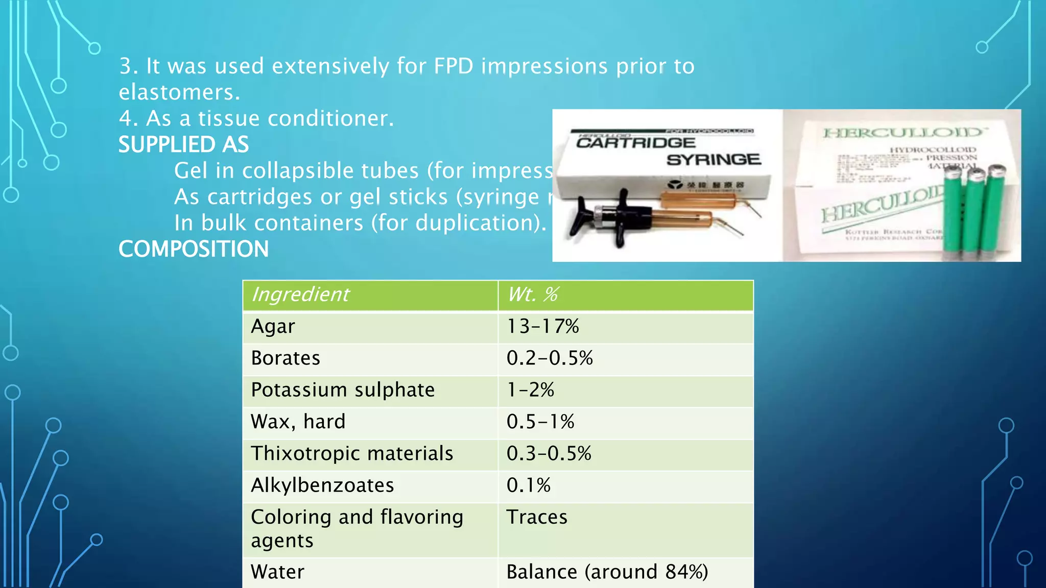3. It was used extensively for FPD impressions prior to
elastomers.
4. As a tissue conditioner.
SUPPLIED AS
Gel in collapsible tubes (for impressions).
As cartridges or gel sticks (syringe material).
In bulk containers (for duplication).
COMPOSITION
Ingredient Wt. %
Agar 13–17%
Borates 0.2-0.5%
Potassium sulphate 1–2%
Wax, hard 0.5-1%
Thixotropic materials 0.3–0.5%
Alkylbenzoates 0.1%
Coloring and flavoring
agents
Traces
Water Balance (around 84%)
 