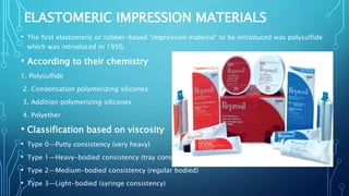 ELASTOMERIC IMPRESSION MATERIALS
• The first elastomeric or rubber-based ‘impression material’ to be introduced was polysulfide
which was introduced in 1950.
• According to their chemistry
1. Polysulfide
2. Condensation polymerizing silicones
3. Addition polymerizing silicones
4. Polyether
• Classification based on viscosity
• Type 0—Putty consistency (very heavy)
• Type 1—Heavy-bodied consistency (tray consistency)
• Type 2—Medium-bodied consistency (regular bodied)
• Type 3—Light-bodied (syringe consistency)
 