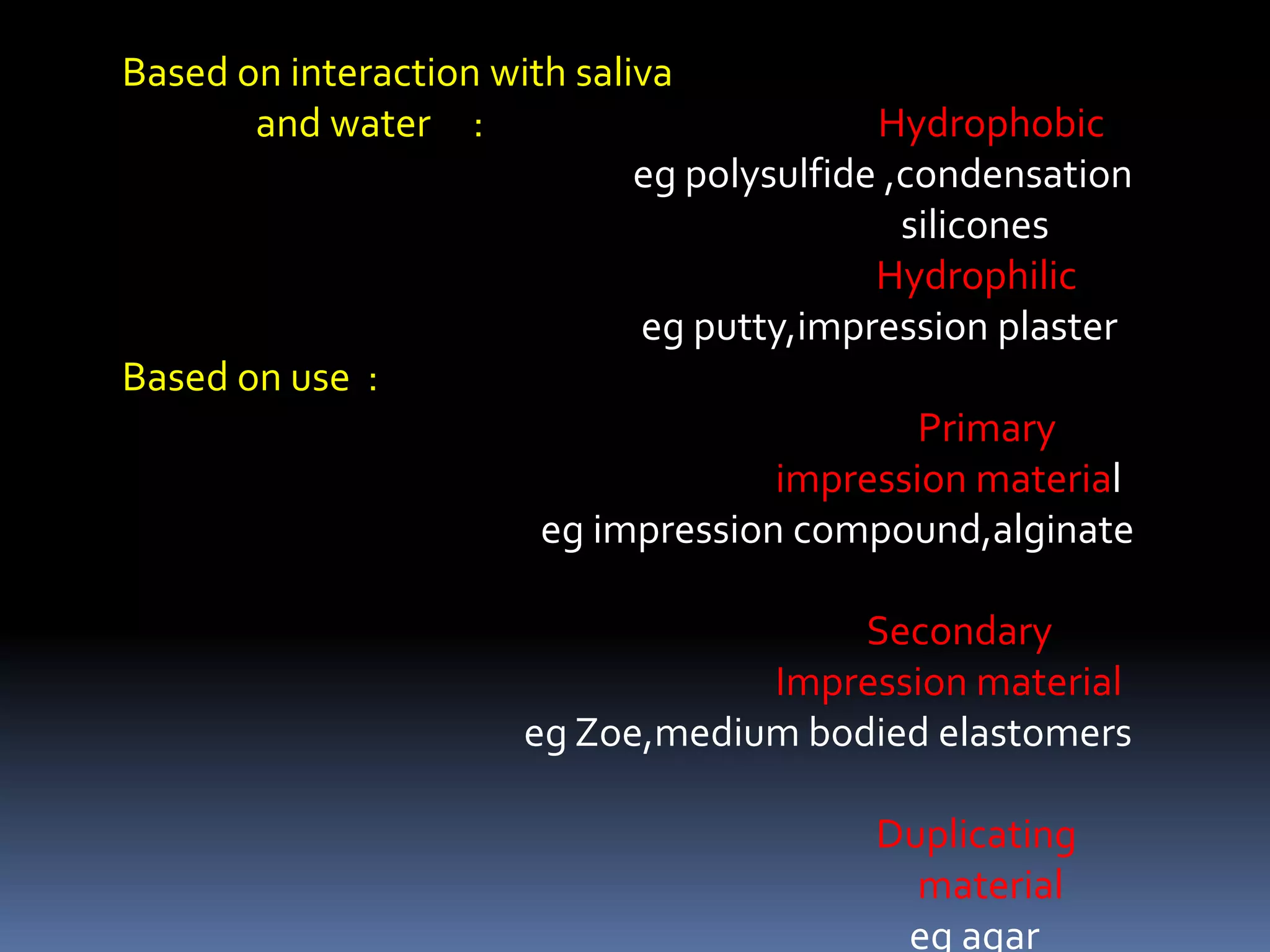Based on interaction with saliva                 and water     :                                               Hydrophobiceg polysulfide ,condensation                                                                                               silicones       Hydrophilicegputty,impression plasterBased on use  :                                                                                                   Primary                                                                               impression materialeg impression compound,alginate                                                                                         Secondary                                                                               Impression materialegZoe,medium bodied elastomers                                                                                          Duplicating                                                                                               material  eg agar                                                                                                                                                                                                                                                                                     