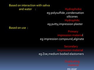 Based on interaction with saliva                 and water     :                                               Hydrophobiceg polysulfide ,condensation                                                                                               silicones       Hydrophilicegputty,impression plasterBased on use  :                                                                                                   Primary                                                                               impression materialeg impression compound,alginate                                                                                         Secondary                                                                               Impression materialegZoe,medium bodied elastomers                                                                                          Duplicating                                                                                               material  eg agar                                                                                                                                                                                                                                                                                     