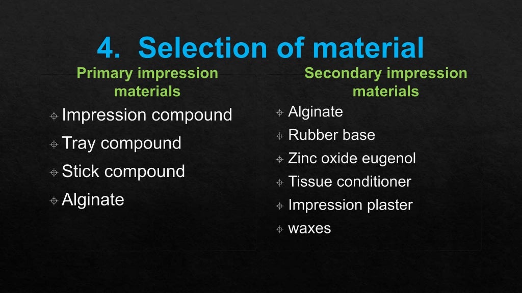 Impression materials classification and techniques