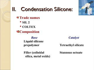 II.
II. Condensation Silicone:
Condensation Silicone:
Trade names
 SIL 2
 COLTEX
Composition
Base
Liquid silicone
prepolymer
Filler (colloidal
silica, metal oxide)
Catalyst
Tetraethyl silicate
Stannous octoate
 