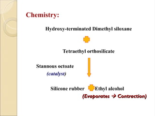 Chemistry:
Hydroxy-terminated Dimethyl siloxane
Tetraethyl orthosilicate
Stannous octoate
(catalyst)
Silicone rubber Ethyl alcohol
(Evaporates
(Evaporates 
 Contraction)
Contraction)
 