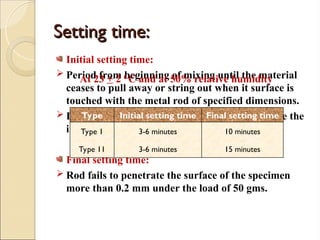 Setting time:
Setting time:
Initial setting time:
 Period from beginning of mixing until the material
ceases to pull away or string out when it surface is
touched with the metal rod of specified dimensions.
 Impression should be seated in the mouth before the
initial set.
Final setting time:
 Rod fails to penetrate the surface of the specimen
more than 0.2 mm under the load of 50 gms.
At 23 + 2 0
C and at 50% relative humidity
Type Initial setting time Final setting time
Type 1 3-6 minutes 10 minutes
Type 11 3-6 minutes 15 minutes
 
