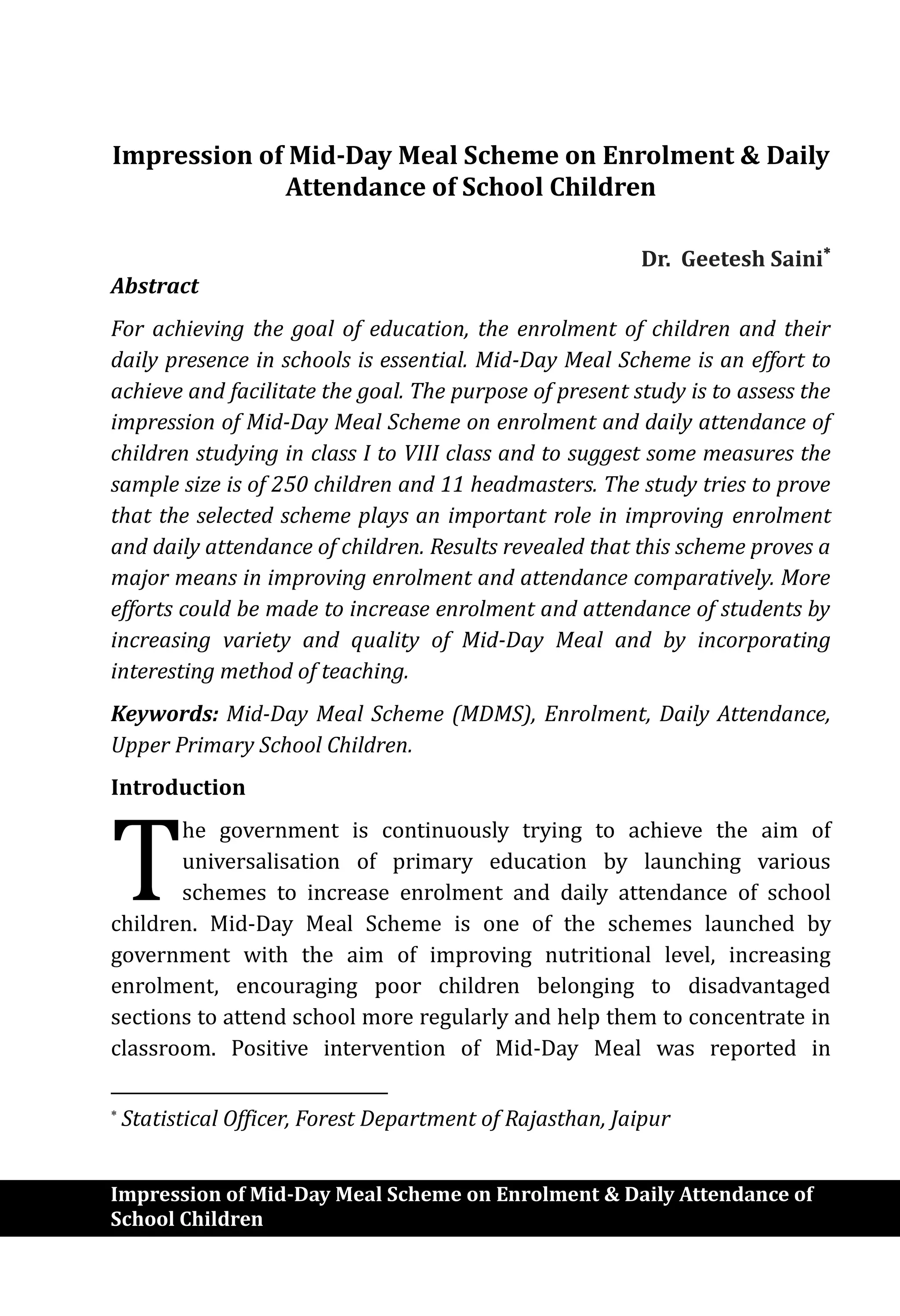 Impression of mid day meal scheme on enrolment & daily attendance of ...