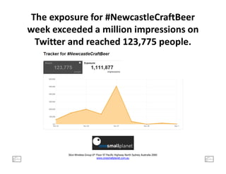 The exposure for #NewcastleCraftBeer
week exceeded a million impressions on
  Twitter and reached 123,775 people.




         Slice Wireless Group 6th Floor 97 Pacific Highway North Sydney Australia 2060
                                  www.onesmallplanet.com.au
 