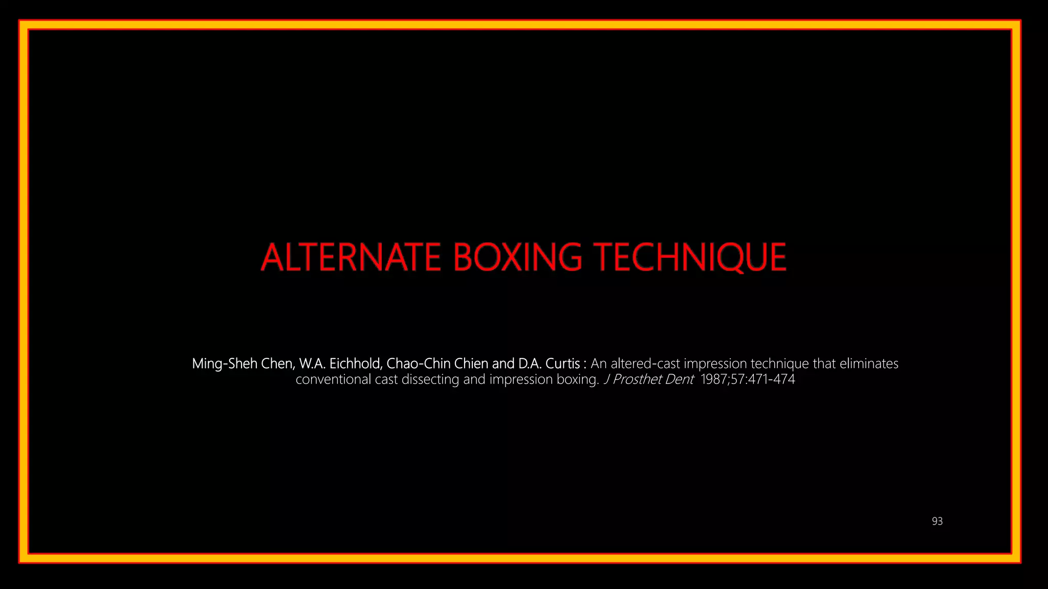ALTERNATE BOXING TECHNIQUE
93
Ming-Sheh Chen, W.A. Eichhold, Chao-Chin Chien and D.A. Curtis : An altered-cast impression technique that eliminates
conventional cast dissecting and impression boxing. J Prosthet Dent 1987;57:471-474
 