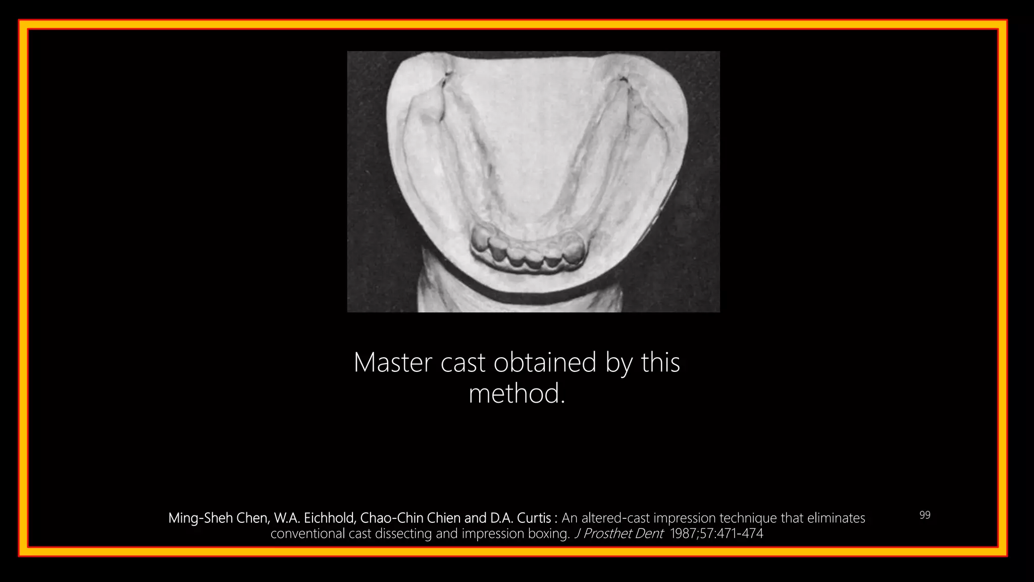 99
Master cast obtained by this
method.
Ming-Sheh Chen, W.A. Eichhold, Chao-Chin Chien and D.A. Curtis : An altered-cast impression technique that eliminates
conventional cast dissecting and impression boxing. J Prosthet Dent 1987;57:471-474
 