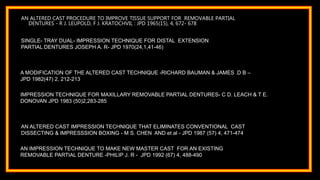 AN ALTERED CAST PROCEDURE TO IMPROVE TISSUE SUPPORT FOR REMOVABLE PARTIAL
DENTURES - R J. LEUPOLD, F J. KRATOCHVIL : JPD 1965(15), 4, 672- 678
SINGLE- TRAY DUAL- IMPRESSION TECHNIQUE FOR DISTAL EXTENSION
PARTIAL DENTURES JOSEPH A. R- JPD 1970(24,1,41-46)
IMPRESSION TECHNIQUE FOR MAXILLARY REMOVABLE PARTIAL DENTURES- C D. LEACH & T E.
DONOVAN JPD 1983 (50)2,283-285
AN ALTERED CAST IMPRESSION TECHNIQUE THAT ELIMINATES CONVENTIONAL CAST
DISSECTING & IMPRESSSION BOXING - M S. CHEN AND et al - JPD 1987 (57) 4, 471-474
A MODIFICATION OF THE ALTERED CAST TECHNIQUE -RICHARD BAUMAN & JAMES .D B –
JPD 1982(47) 2, 212-213
AN IMPRESSION TECHNIQUE TO MAKE NEW MASTER CAST FOR AN EXISTING
REMOVABLE PARTIAL DENTURE -PHILIP J. R - JPD 1992 (67) 4, 488-490
 