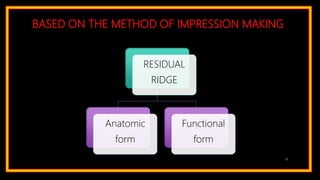 BASED ON THE METHOD OF IMPRESSION MAKING
13
RESIDUAL
RIDGE
Anatomic
form
Functional
form
 