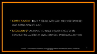 • KRAMER & SINGER USED A DOUBLE IMPRESSION TECHNIQUE BASED ON
LOAD DISTRIBUTION BY HINDEL
• MCCRACKEN FUNCTIONAL TECHNIQUE SHOULD BE USED WHEN
CONSTRUCTING MANDIBULAR DISTAL EXTENSION BASED PARTIAL DENTURE
Leupold RJ, A comparative study of impression procedures for distal extension removable partial dentures. J Prosthet Dent
1966; 16:708.
21
 