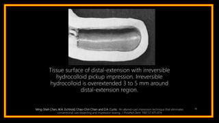 95
Tissue surface of distal-extension with irreversible
hydrocolloid pickup impression. Irreversible
hydrocolloid is overextended 3 to 5 mm around
distal-extension region.
Ming-Sheh Chen, W.A. Eichhold, Chao-Chin Chien and D.A. Curtis : An altered-cast impression technique that eliminates
conventional cast dissecting and impression boxing. J Prosthet Dent 1987;57:471-474
 
