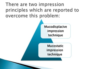 Mucodisplacive
impression
technique
Mucostatic
impression
technique
 