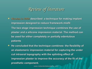 Review of literatureReview of literature
 Nicolas in 2004Nicolas in 2004 described a technique for making implantdescribe...