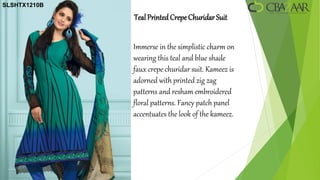 SLSHTX1210B

              Teal Printed Crepe Churidar Suit


              Immerse in the simplistic charm on
              wearing this teal and blue shade
              faux crepe churidar suit. Kameez is
              adorned with printed zig zag
              patterns and resham embroidered
              floral patterns. Fancy patch panel
              accentuates the look of the kameez.
 