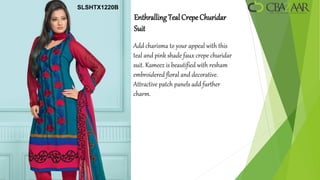 SLSHTX1220B
              Enthralling Teal Crepe Churidar
              Suit
              Add charisma to your appeal with this
              teal and pink shade faux crepe churidar
              suit. Kameez is beautified with resham
              embroidered floral and decorative.
              Attractive patch panels add further
              charm.
 