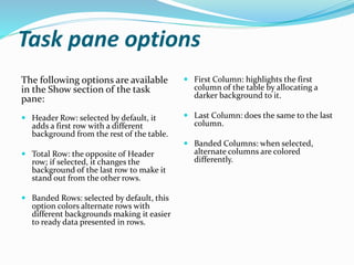 Task pane options
The following options are available
in the Show section of the task
pane:
 Header Row: selected by default, it
adds a first row with a different
background from the rest of the table.
 Total Row: the opposite of Header
row; if selected, it changes the
background of the last row to make it
stand out from the other rows.
 Banded Rows: selected by default, this
option colors alternate rows with
different backgrounds making it easier
to ready data presented in rows.
 First Column: highlights the first
column of the table by allocating a
darker background to it.
 Last Column: does the same to the last
column.
 Banded Columns: when selected,
alternate columns are colored
differently.
 