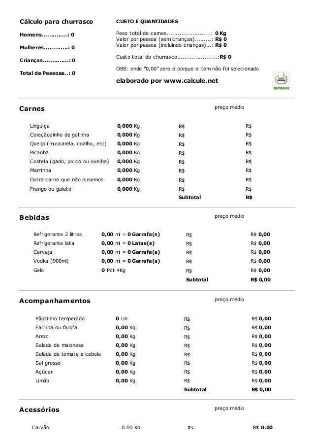 Impressão churrasco, quantidades e custos calcule