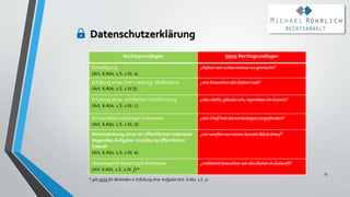 Datenschutzerklärung
25
* gilt nicht für Behörden in Erfüllung ihrer Aufgabe (Art. 6 Abs. 1 S. 2)
Rechtsgrundlagen keine Rechtsgrundlagen
Einwilligung
(Art. 6 Abs. 1 S. 1 lit. a)
„haben wir schon immer so gemacht“
Erfüllung einer (vor-) vertragl. Maßnahme
(Art. 6 Abs. 1 S. 1 lit b)
„wie brauchen die Daten halt“
Erfüllung einer rechtlichenVerpflichtung
(Art. 6 Abs. 1 S. 1 lit. c)
„das steht, glaube ich, irgendwo im Gesetz“
Schutz lebenswichtiger Interessen
(Art. 6 Abs. 1 S. 1 lit. d)
„der Chef hat dieUnterlagen angefordert“
Wahrnehmung einer im öffentlichen Interesse
liegendenAufgabe / Ausübung öffentlicher
Gewalt
(Art. 6 Abs. 1 S. 1 lit. e)
„wir werfen nur einen kurzen Blick drauf“
überwiegende berechtigte Interessen
(Art. 6 Abs. 1 S. 1 lit. f)*
„vielleicht brauchen wir die Daten in Zukunft“
 