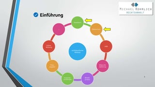 Einführung
6
rechtskonforme
Website
Impressum
Datenschutz
AGB
Widerrufs-
belehrung
Bestell-
prozess
Produktbe-
schreibungen
Preis-
angaben
Online-
Werbung
…
 