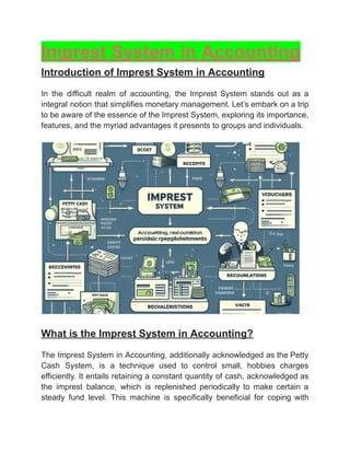‭
Imprest System in Accounting‬
‭
Introduction of Imprest System in Accounting‬
‭
In‬ ‭
the‬ ‭
difficult‬ ‭
realm‬ ‭
of‬ ‭
accounting,‬ ‭
the‬ ‭
Imprest‬ ‭
System‬ ‭
stands‬ ‭
out‬ ‭
as‬ ‭
a‬
‭
integral‬‭
notion‬‭
that‬‭
simplifies‬‭
monetary‬‭
management.‬‭
Let’s‬‭
embark‬‭
on‬‭
a‬‭
trip‬
‭
to‬‭
be‬‭
aware‬‭
of‬‭
the‬‭
essence‬‭
of‬‭
the‬‭
Imprest‬‭
System,‬‭
exploring‬‭
its‬‭
importance,‬
‭
features, and the myriad advantages it presents to groups and individuals.‬
‭
What is the Imprest System in Accounting?‬
‭
The‬‭
Imprest‬‭
System‬‭
in‬‭
Accounting,‬‭
additionally‬‭
acknowledged‬‭
as‬‭
the‬‭
Petty‬
‭
Cash‬ ‭
System,‬ ‭
is‬ ‭
a‬ ‭
technique‬ ‭
used‬ ‭
to‬ ‭
control‬ ‭
small,‬ ‭
hobbies‬ ‭
charges‬
‭
efficiently.‬‭
It‬‭
entails‬‭
retaining‬‭
a‬‭
constant‬‭
quantity‬‭
of‬‭
cash,‬‭
acknowledged‬‭
as‬
‭
the‬ ‭
imprest‬ ‭
balance,‬ ‭
which‬ ‭
is‬ ‭
replenished‬ ‭
periodically‬ ‭
to‬ ‭
make‬ ‭
certain‬ ‭
a‬
‭
steady‬ ‭
fund‬ ‭
level.‬ ‭
This‬ ‭
machine‬ ‭
is‬ ‭
specifically‬ ‭
beneficial‬ ‭
for‬ ‭
coping‬ ‭
with‬
 