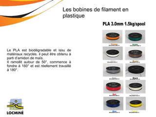 Les bobines de filament en 
plastique 
Le PLA est biodégradable et issu de 
matériaux recyclés. il peut être obtenu à 
parti d’amidon de maïs. 
Il ramollit autour de 50°, commence à 
fondre à 160° et est réellement travaillé 
à 180°. 
 
