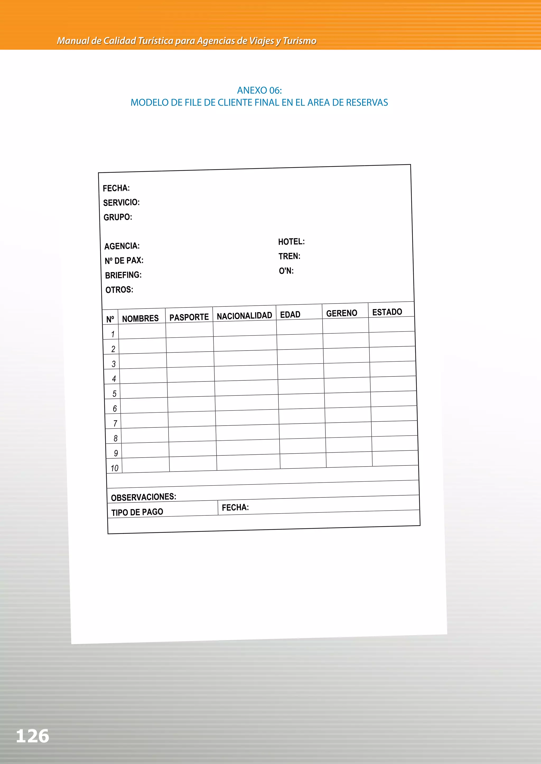 Manual de Calidad Turística para Agencias de Viajes y Turismo



                                             ANEXO 06:
                       MODELO DE FILE DE CLIENTE FINAL EN EL AREA DE RESERVAS




126
 