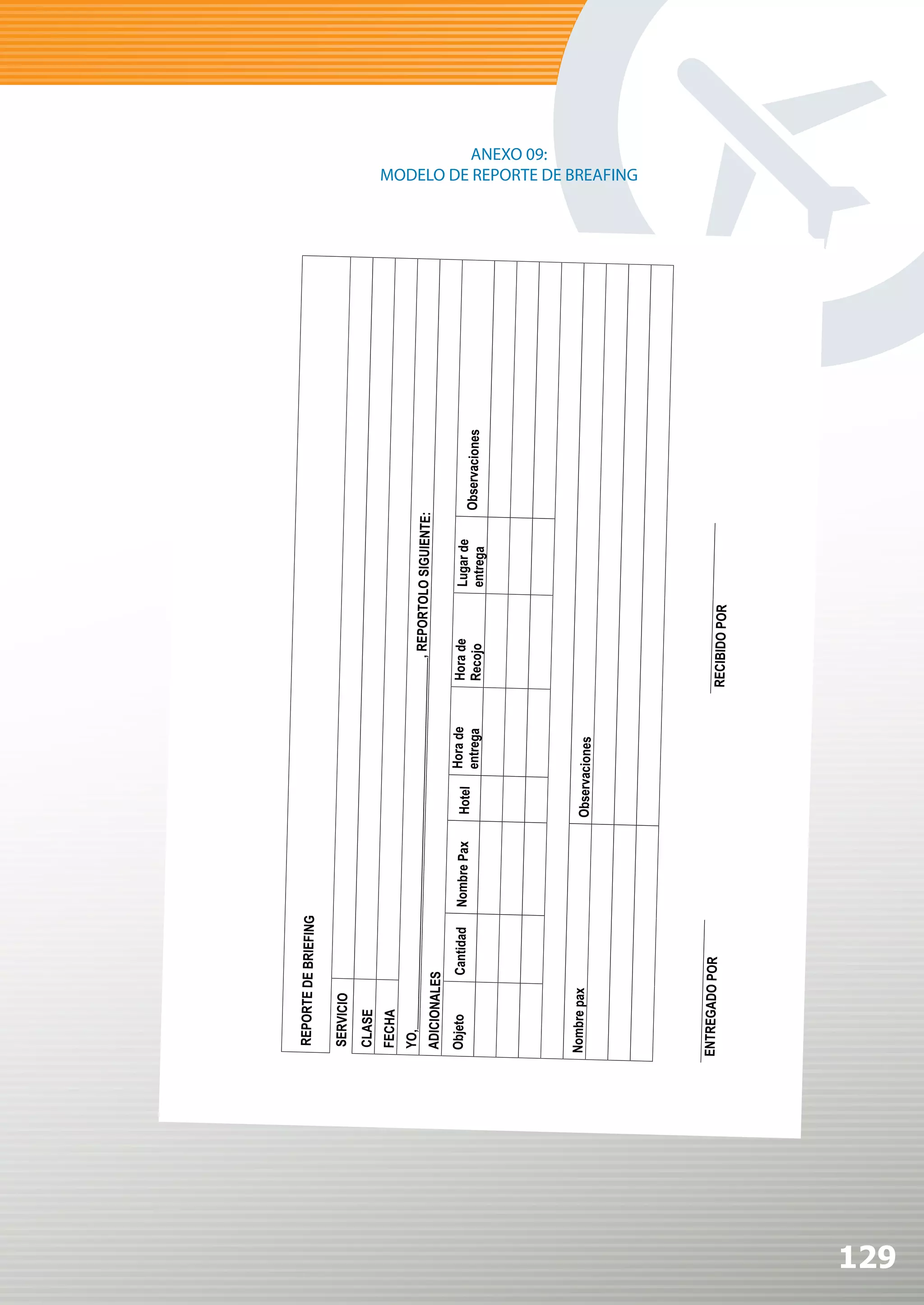 ANEXO 09:
MODELO DE REPORTE DE BREAFING




                                129
 