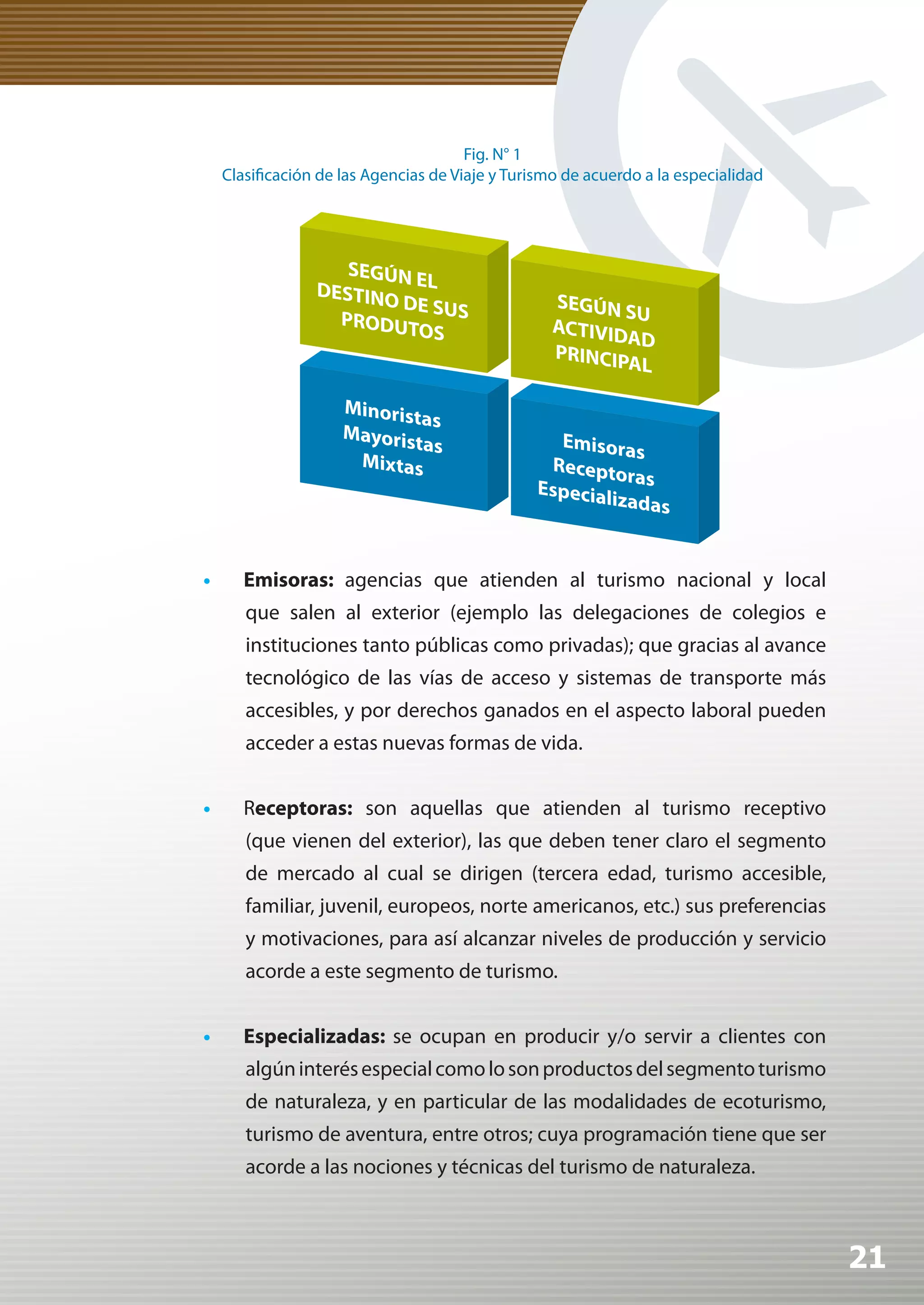 Fig. N° 1
 Clasificación de las Agencias de Viaje y Turismo de acuerdo a la especialidad




•	 Emisoras: agencias que atienden al turismo nacional y local
    que salen al exterior (ejemplo las delegaciones de colegios e
    instituciones tanto públicas como privadas); que gracias al avance
    tecnológico de las vías de acceso y sistemas de transporte más
    accesibles, y por derechos ganados en el aspecto laboral pueden
    acceder a estas nuevas formas de vida.


•	 Receptoras: son aquellas que atienden al turismo receptivo
    (que vienen del exterior), las que deben tener claro el segmento
    de mercado al cual se dirigen (tercera edad, turismo accesible,
    familiar, juvenil, europeos, norte americanos, etc.) sus preferencias
    y motivaciones, para así alcanzar niveles de producción y servicio
    acorde a este segmento de turismo.


•	 Especializadas: se ocupan en producir y/o servir a clientes con
    algún interés especial como lo son productos del segmento turismo
    de naturaleza, y en particular de las modalidades de ecoturismo,
    turismo de aventura, entre otros; cuya programación tiene que ser
    acorde a las nociones y técnicas del turismo de naturaleza.



                                                                                 21
 