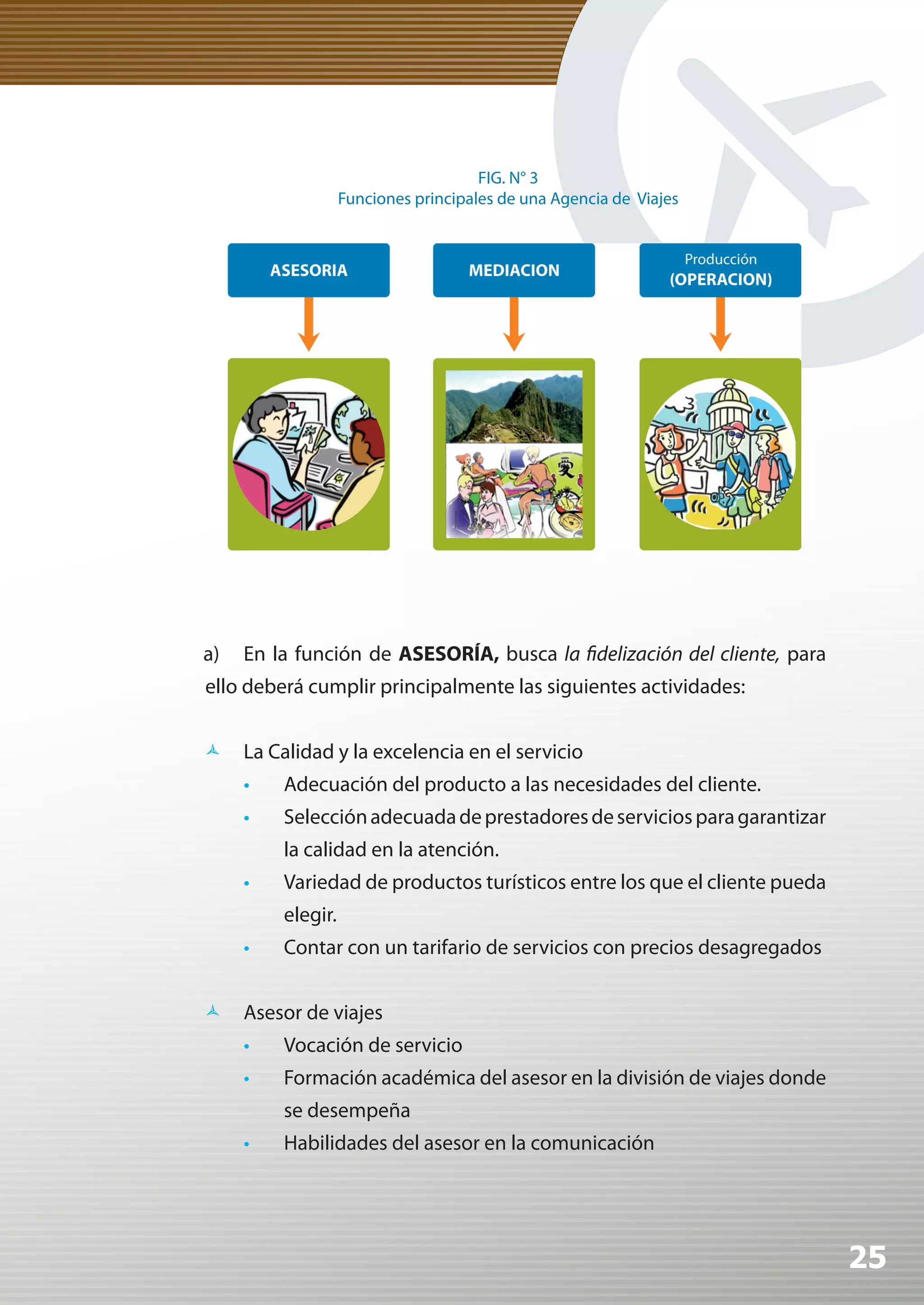 FIG. N° 3
                   Funciones principales de una Agencia de Viajes




a)   En la función de ASESORÍA, busca la fidelización del cliente, para
ello deberá cumplir principalmente las siguientes actividades:


	La Calidad y la excelencia en el servicio
     •	 Adecuación del producto a las necesidades del cliente.
     •	 Selección adecuada de prestadores de servicios para garantizar
         la calidad en la atención.
     •	 Variedad de productos turísticos entre los que el cliente pueda
         elegir.
     •	 Contar con un tarifario de servicios con precios desagregados


	Asesor de viajes
     •	 Vocación de servicio
     •	 Formación académica del asesor en la división de viajes donde
         se desempeña
     •	 Habilidades del asesor en la comunicación




                                                                          25
 
