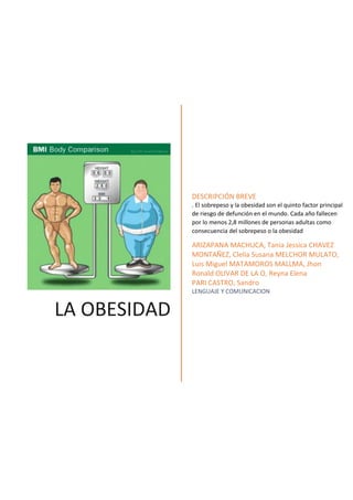 LA OBESIDAD
DESCRIPCIÓN BREVE
. El sobrepeso y la obesidad son el quinto factor principal
de riesgo de defunción en el mundo. Cada año fallecen
por lo menos 2,8 millones de personas adultas como
consecuencia del sobrepeso o la obesidad
ARIZAPANA MACHUCA, Tania Jessica CHAVEZ
MONTAÑEZ, Clelia Susana MELCHOR MULATO,
Luis Miguel MATAMOROS MALLMA, Jhon
Ronald OLIVAR DE LA O, Reyna Elena
PARI CASTRO, Sandro
LENGUAJE Y COMUNICACION
 