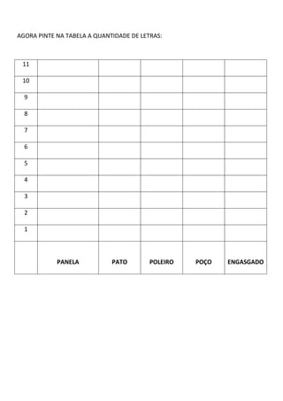 AGORA PINTE NA TABELA A QUANTIDADE DE LETRAS:
11
10
9
8
7
6
5
4
3
2
1
PANELA PATO POLEIRO POÇO ENGASGADO
 