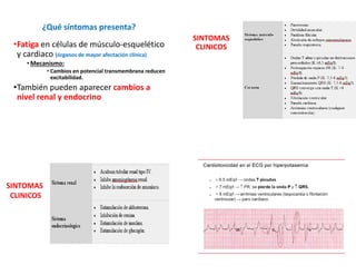 ¿Qué síntomas presenta?
•Fatiga en células de músculo-esquelético
y cardiaco (órganos de mayor afectación clínica)
•Mecanismo:
• Cambios en potencial transmembrana reducen
excitabilidad.
•También pueden aparecer cambios a
nivel renal y endocrino
SINTOMAS
CLINICOS
SINTOMAS
CLINICOS
 