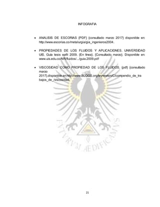 21
INFOGRAFIA
 ANALISIS DE ESCORIAS {PDF} {consultado marzo 2017} disponible en:
http://www.escorias.co/metalurgia/gia_ingenieros2004.
 PROPIEDADES DE LOS FLUIDOS Y APLICACIONES. UNIVERSIDAD
UIS. Guía tesis eafit 2009. {En línea}. {Consultado marzo}. Disponible en:
www.uis.edu.co/NR/fluidos/.../guia.2009.pdf
 VISCOSIDAD COMO PROPIEDAD DE LOS FLUIDOS. {pdf} {consultado
marzo
2017}.disponible.en:http://www.BLOGS.org/leynewton/C/compendio_de_tra
bajos_de_/viscosidad.
 