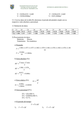Universidad Nacional de Ancash 
“Santiago Antúnez de Mayolo” INFORME DE LABORATORIO DE FÍSICA I 
FACULTAD DE INGENIERÍA CIVIL 
V = 52250.6335 + 0.405 V = 52250.6335 - 0.405 
V = 52250.038Mm3 V = 5225.228Mm3 
5.3. Con los datos de la tabla III, determine el periodo del péndulo simple con su 
respectivo valor absoluto y porcentual. 
1) Tabulación de datos: 
n 1 2 3 4 5 6 7 8 9 10 
t(s) 19.88 19.77 19.77 19.85 19.79 19.81 19.78 19.83 19.76 19.80 
T(s) 1.988 1.977 1.977 1.985 1.979 1.981 1.978 1.983 1.976 1.980 
2) Procesamiento de datos: 
Medición: Directa 
Tratamiento: No estadístico 
a) Promedio 
T_ = 1.988 +1.977 +1.977 +1.985 +1.979 +1.981+1.978 +1.983+1.976 +1.98 
_ 19.804 
= = 
b) Error absoluto (Ea) 
DT =T max-T min 
D =1.988 -1.976 
D = 0.012 = 
c) Error relativo (Er): 
Er s 
= 0.006 = 
d) Error porcentual (E%) 
Er = DT 
E% = (Erx100) % 
E% = (0.0030x100) % 
E% = 0.3 % 
e) El periodo del tiempo: 
_ 
_ 
*) *) 
10 
T 1.9804s 
10 
2 
T s 
2 
T 0.006s 
2 
_T 
0.0030 
1.9804 
s 
T =T±DT 
T =T+DT 
_ 
T =T-DT 
 