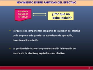 MOVIMIENTO ENTRE PARTIDAS DEL EFECTIVO
¿Por qué no
debe incluir?
• Porque estos componentes son parte de la gestión del efectivo
de la empresa más que de sus actividades de operación,
inversión o financiación.
• La gestión del efectivo comprende también la inversión de
excedente de efectivo y equivalentes al efectivo.
Estado deEstado de
FLUJOS DEFLUJOS DE
EFECTIVOEFECTIVO
22
 
