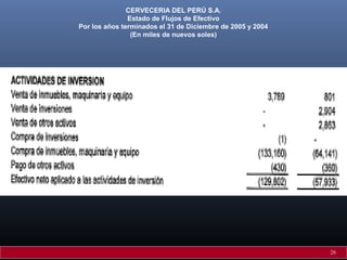 CERVECERIA DEL PERÚ S.A.
Estado de Flujos de Efectivo
Por los años terminados el 31 de Diciembre de 2005 y 2004
(En miles de nuevos soles)
26
 