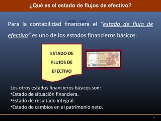 IFRS - NIIF
Para la contabilidad financiera el “estado de flujo de
efectivo” es uno de los estados financieros básicos.
¿Qué es el estado de flujos de efectivo?¿Qué es el estado de flujos de efectivo?
ESTADO DE
FLUJOS DE
EFECTIVO
Los otros estados financieros básicos son:
•Estado de situación financiera.
•Estado de resultado integral.
•Estado de cambios en el patrimonio neto.
5
 