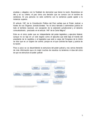 5
5
pruebas y alegatos con la finalidad de demostrar que tienen la razón. Basándose en
ello y en su criterio, el juez toma una decisión que se conoce con el nombre de
sentencia. Si una persona no está conforme con la sentencia puede apelar a la
instancia superior.
El artículo 139° de la Constitución Política del Perú señala que el Poder Judicial, a
través de sus Órganos Jurisdiccionales: "es el único llamado a administrar justicia en
todo el territorio nacional, con excepción de la extensión jurisdiccional y el derecho
consuetudinario, precisado en el artículo 149° de la Carta Magna".
Este es el único poder que es independiente del poder legislativo y ejecutivo federal,
aunque no se rige en un solo órgano como el ejecutivo que está bajo el mando del
presidente de la república o el legislativo que está a cargo del Congreso de la Unión
se dice que es un órgano de control, porque es el que controla las leyes y justicia de
la nación.
Poco a poco se va desarrollando la estructura del poder judicial y nos vamos llenando
de más información que a lo mejor muchos de nosotros no teníamos ni idea del cómo
es que se estructura el poder judicial
 