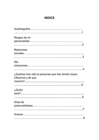 INDICE
Autobiografía……………………………………………………
……………………………………………………………….....1
Rasgos de mi
personalidad……………………………………………….……
…………………………………………………………………..2
Relaciones
sociales……………………………………………………..……
…………………………………………….......................…….3
Mis
situaciones………………………………………………………
…………………………………………………………………...4
¿Quiénes han sido la personas que han tenido mayor
influencia y de que
manera?.................................................................................
...........................................................................................5
¿Quién
seré?......................................................................................
............................................................................................6
Árbol de
potencialidades…………………………………………………
…………………………………………………………………...7
Anexos……………………………………………………………
……………………………………………………………………8
 