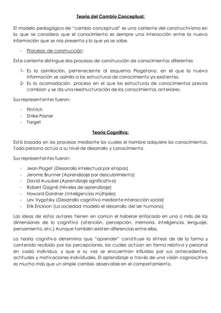 Teoría del Cambio Conceptual:
El modelo pedagógico de “cambio conceptual” es una corriente del constructivismo en
la que se considera que el conocimiento es siempre una interacción entre la nueva
información que se nos presenta y lo que ya se sabe.
- Procesos de construcción:
Esta corriente distingue dos procesos de construcción de conocimientos diferentes:
1- Es la asimilación, perteneciente al esquema Piagetano, en el que la nueva
información se asimila a las estructuras de conocimiento ya existentes.
2- Es la acomodación, proceso en el que las estructuras de conocimientos previos
cambian y se da una reestructuración de los conocimientos anteriores.
Sus representantes fueron:
- Pintrich
- Strike Posner
- Target
Teoría Cognitiva:
Está basada en los procesos mediante los cuales el hombre adquiere los conocimientos.
Toda persona actúa a su nivel de desarrollo y conocimiento.
Sus representantes fueron:
- Jean Piaget (Desarrollo intelectual por etapas)
- Jerome Brunner (Aprendizaje por descubrimiento)
- David Ausubel (Aprendizaje significativo)
- Robert Gagné (Niveles de aprendizaje)
- Howard Gardner (Inteligencias múltiples)
- Lev Vygotsky (Desarrollo cognitivo mediante interacción social)
- Erik Erickson (La sociedad modela el desarrollo del ser humano)
Las ideas de estos autores tienen en común el haberse enfocado en una o más de las
dimensiones de lo cognitivo (atención, percepción, memoria, inteligencia, lenguaje,
pensamiento, etc.) Aunque también existen diferencias entre ellos.
La teoría cognitiva determina que “aprender” constituye la síntesis de de la forma y
contenido recibido por las percepciones, las cuales actúan en forma relativa y personal
en cada individuo, y que a su vez se encuentran influidas por sus antecedentes,
actitudes y motivaciones individuales. El aprendizaje a través de una visión cognoscitiva
es mucho más que un simple cambio observable en el comportamiento.
 