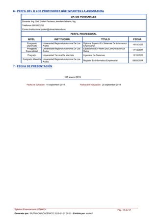 NIVEL INSTITUCIÓN TÍTULO FECHA
DATOS PERSONALES
Docente: Ing. Sist. Celleri Pacheco Jennifer Katherin, Mg.
Teléfonos:0993803250
Correo Institucional:jcelleri@utmachala.edu.ec
PERFIL PROFESIONAL
Diploma Superior En Sistemas De Informacion
Empresarial
Postgrado
Diplomado
Universidad Regional Autonoma De Los
Andes
16/03/2011
Especialista En Redes De Comunicación De
Datos
Postgrado
Especialidad
Universidad Regional Autonoma De Los
Andes
17/12/2011
Ingeniera De SistemasPregrado Universidad Tecnica De Machala 13/10/2013
Magister En Informatica Empresarial
Postgrado Maestria Universidad Regional Autonoma De Los
Andes
08/05/2014
6.- PERFIL DEL O LOS PROFESORES QUE IMPARTEN LA ASIGNATURA
7.- FECHA DE PRESENTACIÓN
07 enero 2019
Fecha de Creación: 19 septiembre 2018 Fecha de Finalización: 20 septiembre 2018
Syllabus Estandarizado UTMACH Pág. 12 de 12
Generado por: SIUTMACH/ACADÉMICO 2019-01-07 09:03 - Emitido por: acalle7
 