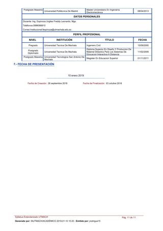 Master Universitario En Ingeniería
Electromecánica
Postgrado Maestria
Universidad Politécnica De Madrid 08/04/2013
NIVEL INSTITUCIÓN TÍTULO FECHA
DATOS PERSONALES
Docente: Ing. Espinoza Urgiles Freddy Leonardo, Mgs.
Teléfonos:0996066810
Correo Institucional:fespinoza@utmachala.edu.ec
PERFIL PROFESIONAL
Ingeniero CivilPregrado Universidad Tecnica De Machala 15/09/2000
Diploma Superior En Diseño Y Produccion De
Material Didactico Para Los Sistemas De
Educacion Interactiva A Distancia
Postgrado
Diplomado
Universidad Tecnica De Machala 11/02/2009
Magister En Educacion Superior
Postgrado Maestria Universidad Tecnologica San Antonio De
Machala
01/11/2011
7.- FECHA DE PRESENTACIÓN
10 enero 2019
Fecha de Creación: 28 septiembre 2018 Fecha de Finalización: 03 octubre 2018
Syllabus Estandarizado UTMACH Pág. 11 de 11
Generado por: SIUTMACH/ACADÉMICO 2019-01-10 10:20 - Emitido por: jrodrigue15
 
