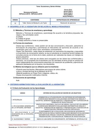 Tema: Sucesiones y Series Infinitas
Semanas de Estudio
04/Febrero/2019 - 08/Febrero/2019
Horas CD:2
Horas CAE:0
Horas CAA:3
Horas PPP:0
Horas PPPSC:0
ORDEN ESTRATEGIAS DE APRENDIZAJECONTENIDO
Taller: Series de Maclaurin y de Taylor Resolución de ejercicios12
3.- DESARROLLO DE LA ASIGNATURA EN RELACIÓN AL MODELO PEDAGÓGICO
3.1 Métodos y Técnicas de enseñanza y aprendizaje
Métodos y Técnicas de enseñanza y aprendizaje De acuerdo a la temática propuesta, las
clases y las actividades serán:
a) Clases
b) Trabajo en grupo
c) Trabajo autónomo u horas no presenciales
3.2 Formas de enseñanza
Clases tipo conferencia.- estas podrán ser de tipo conversación y discusión, aplicando la
formulación de preguntas y permitiendo el intercambio de opiniones de acuerdo a los
contenidos para que estos sean asimilados correctamente.
Clases Tipo Seminario.- estas clases se prepararan con seminarios de preguntas y respuestas
y el seminario de conversación abierta, ya que el estudiante en ocasiones tendrá trabajos de
consultas previas con el tema de la clase, pudiendo ser realizadas las clases con trabajos de
grupos pequeños.
Clases prácticas.- este tipo de clases será conjugada con las clases tipo conferénciales y
seminario, con el propósito de el estudiante una vez asimilado el tema ponga en práctica de
modo independiente los conocimientos adquiridos con resolución de problemas y ejercicios de
aplicación planteados por el docente y los estudiantes.
•Pizarrón para tiza líquida y Marcadores para pizarra de varios colores.
•Libros y revistas técnicas de la biblioteca de la FIC.
•Material académico en Power Point, imágenes, videos, etc.
•Equipo de proyección multimedia e Internet.
3.3 Medios tecnológicos que se utilizaran para la enseñanza
Aula
3.4 Escenarios de aprendizaje
4.- CRITERIOS NORMATIVOS PARA LA EVALUACIÓN DE LA ASIGNATURA
4.1 Criterio de Evaluación de los Aprendizajes
UNIDAD CRITERIO DE EVALUACIÓN EN FUNCIÓN DE LOS OBJETIVOS
I. INTEGRALES
DOMINIO EN LA UTILIZACION DE LOS CRITERIOS DE INTEGRACION,
EVIDENCIADO MEDIANTE EVALUACIONES SISTEMATICAS ORALES Y
ESCRITAS, GENERACION DE DEBATES Y PRESENTACION Y EXPOSICION DE
TRABAJOS DE INVESTIGACION
II. APLICACIONES GENERALES
DE LA INTEGRAL DEFINIDA
GRAFICO DE FUNCIONES, CALCULO DE AREAS, CALCULO DE VOLUMENES
EVIDENCIADO MEDIANTE EVALUACIONES SISTEMATICAS ORALES Y
ESCRITAS, GENERACION DE DEBATES Y PRESENTACION Y EXPOSICION DE
INVESTIGACION, PRESENTACION DE PORTAFOLIO
III. APLICACIONES A LA
INGENIERÍA DE LA INTEGRAL
DEFINIDA
PLANTEAMIENTO DE LA SOLUCION, APLICACION DE INTEGRALES,
INTERPRETACION DE RESULTADOS EVIDENCIADO MEDIANTE EVALUACIONES
SISTEMATICAS ORALES Y ESCRITAS, GENERACION DE DEBATES Y
PRESENTACION Y EXPOSICION DE TRABAJOS DE INVESTIGACION
IV. SUCESIONES Y SERIES INDICA SI UNA SERIE ES CONVERGENTE, DETERMINA EL INTERVALO DE
Syllabus Estandarizado UTMACH Pág. 9 de 11
Generado por: SIUTMACH/ACADÉMICO 2019-01-10 10:20 - Emitido por: jrodrigue15
 