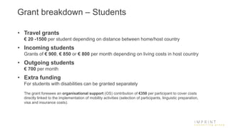 Grant breakdown – Students
• Travel grants
€ 20 -1500 per student depending on distance between home/host country
• Incoming students
Grants of € 900, € 850 or € 800 per month depending on living costs in host country
• Outgoing students
€ 700 per month
• Extra funding
For students with disabilities can be granted separately
The grant foresees an organisational support (OS) contribution of €350 per participant to cover costs
directly linked to the implementation of mobility activities (selection of participants, linguistic preparation,
visa and insurance costs).
 