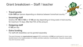 Grant breakdown – Staff / teacher
• Travel grants
€ 20-1500 per person depending on distance between home/host country
- Incoming staff
Grants of € 180, € 160 or € 140 per day depending on living costs in host country,
for maximum 14 days. After that 70% of this amount.
• Outgoing staff
€ 180 per day
• Extra funding
For staff with disabilities can be granted separately
The grant foresees an organisational support (OS) contribution of €350 per participant to cover costs
directly linked to the implementation of mobility activities (selection of participants, linguistic preparation,
visa and insurance costs).
 