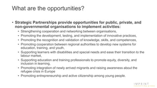 What are the opportunities?
• Strategic Partnerships provide opportunities for public, private, and
non-governmental organisations to implement activities:
• Strengthening cooperation and networking between organisations,
• Promoting the development, testing, and implementation of innovative practices,
• Promoting the recognition and validation of knowledge, skills, and competences,
• Promoting cooperation between regional authorities to develop new systems for
education, training, and youth,
• Supporting learners with disabilities and special needs and ease their transition to the
labour market,
• Supporting education and training professionals to promote equity, diversity, and
inclusion in learning,
• Promoting integration of newly arrived migrants and raising awareness about the
refugee crisis in Europe
• Promoting entrepreneurship and active citizenship among young people.
 