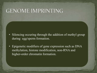 • Silencing occuring through the addition of methyl group
during egg/sperm formation.
• Epigenetic modifiers of gene expression such as DNA
methylation, histone modification, non-RNA and
higher-order chromatin formation.
 